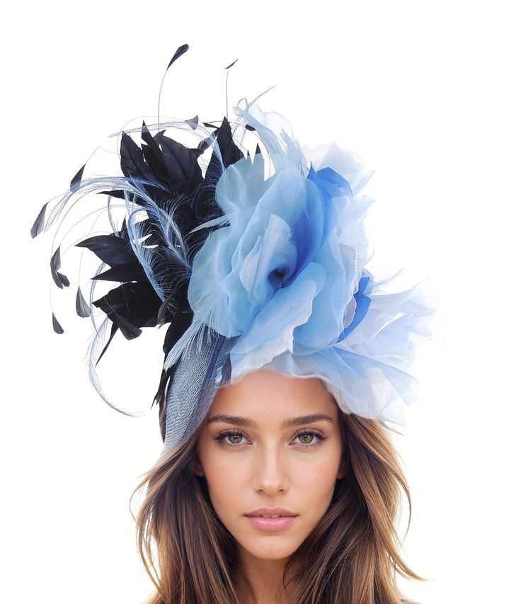 Hats By Cressida Kentucky Derby & Ascot Fascinator Hats Spring Summer Hat & Fascinator Collection Royal Blue & Navy Feather and Silk Fascinator Hat Gorgeous trimmed feathers surround large silk rose  with a saucer sinamay base Base measures about 12 inches wide Mounted with a matching headband. If you prefer a headband to match your hair, please make a note at check out what colour headband you want. We make each hat to order just for you, we would prefer if you did not order for choice. If colour match is important to you please ask for free fabric swatch to be sent to you - this reduces returns and disappointment.   We can also make a custom design for you if you have something else in mind.  RETURNS: We accept returns ONLY within 7 days of receipt.  There will be no exceptions to this p Blue Costume Hats And Headpieces For Races In Spring, Blue Headpieces For Spring Weddings, Blue Costume Hats And Headpieces For Spring Evenings, Blue Fascinator For Royal Ascot Garden Party, Blue Fascinator For Kentucky Derby Garden Party, Blue Fascinator For Garden Party At Royal Ascot, Blue Fascinator For Garden Party And Royal Ascot, Blue Spring Fascinator For Formal Occasions, Light Blue Headpiece For Kentucky Derby Party