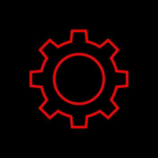 a red line drawing of a cogwheel on a black background