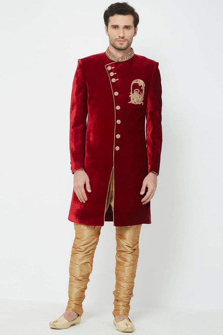 Buy Men's Velvet  Embroidery  Sherwani Set in Maroon  Online Velvet Sherwani, Velvet Embroidery, Silk Anarkali, Golden Art, Silk Clutch, Beige Stone, Brocade Blouses, Fancy Buttons, Embroidery Top