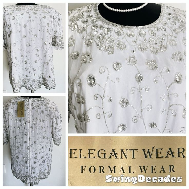 This beautiful white top with silver beading and sequins by Elegant Wear is elegant in a plus size, appropriately 2X. It has never been worn, new with tags.  It is comfortable with a zipper back and half length sleeves, clean and can be hand washed, air dried.  Approximate Measurements: Bust 50" Waist 46" Hips 56" Length 23-27" Sleeve length 15" Labeled 1X but measures, like a current 2X. Please measure carefully for a perfect fit.  This has never been worn and still has the original sales tag a Formal Embellished White Tops, Elegant Embroidered Evening Tops, White Embellished Tops For Formal Occasions, Elegant Embroidered Tops For Evening, White Short Sleeve Evening Blouse, Elegant Beaded Tops For Wedding, Elegant Beaded Blouse For Wedding, Elegant Beaded Tops For Formal Occasions, Fitted White Top For Holidays