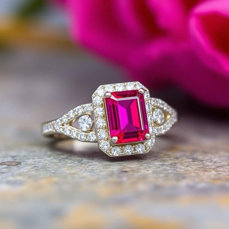 an engagement ring with a pink tourmaline surrounded by white diamonds on a table