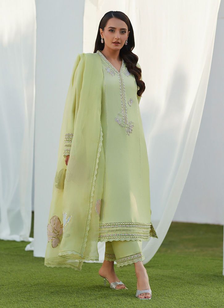 Farah Talib Aziz Uma Mint Embellished Shirt and Dupatta Eid Edition Spring Pista Green Kurta With Mirror Work, Eid Embellished Pista Green Kurta, Embellished Straight Kurta For Summer, Green Embellished Sets For Eid, Spring Georgette Set With Mirror Work, Embellished Georgette Kurta For Summer, Spring Elegant Dupatta With Mirror Work, Elegant Spring Sets With Mirror Work, Embellished Pista Green Salwar Kameez For Eid