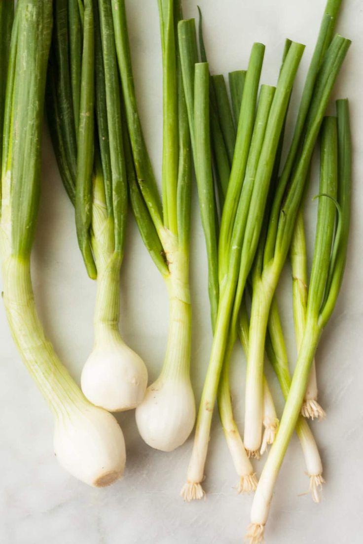 green onions and garlic on a white surface