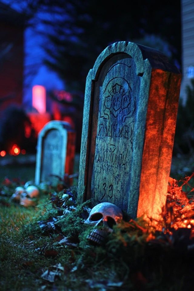 two headstones are lit up in front of a cemetery with skulls and tombstones