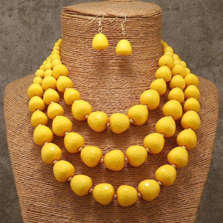 Beaded Layered Necklace And Drop Earrings Fashionset * Fashion Jewelry * Yellow * Plastic Material * One-Size Yellow Beaded Necklaces With Large Beads For Summer, Summer Yellow Beaded Necklaces With Large Beads, Yellow Round Bead Necklaces For Summer, Yellow Round Beads Necklace For Summer, Yellow Beaded Necklaces With Round Beads For Summer, Yellow Round Beads Jewelry For Summer, Yellow Round Bead Jewelry For Summer, Yellow Beaded Necklaces For Summer, Yellow Wooden Beads For Jewelry Making