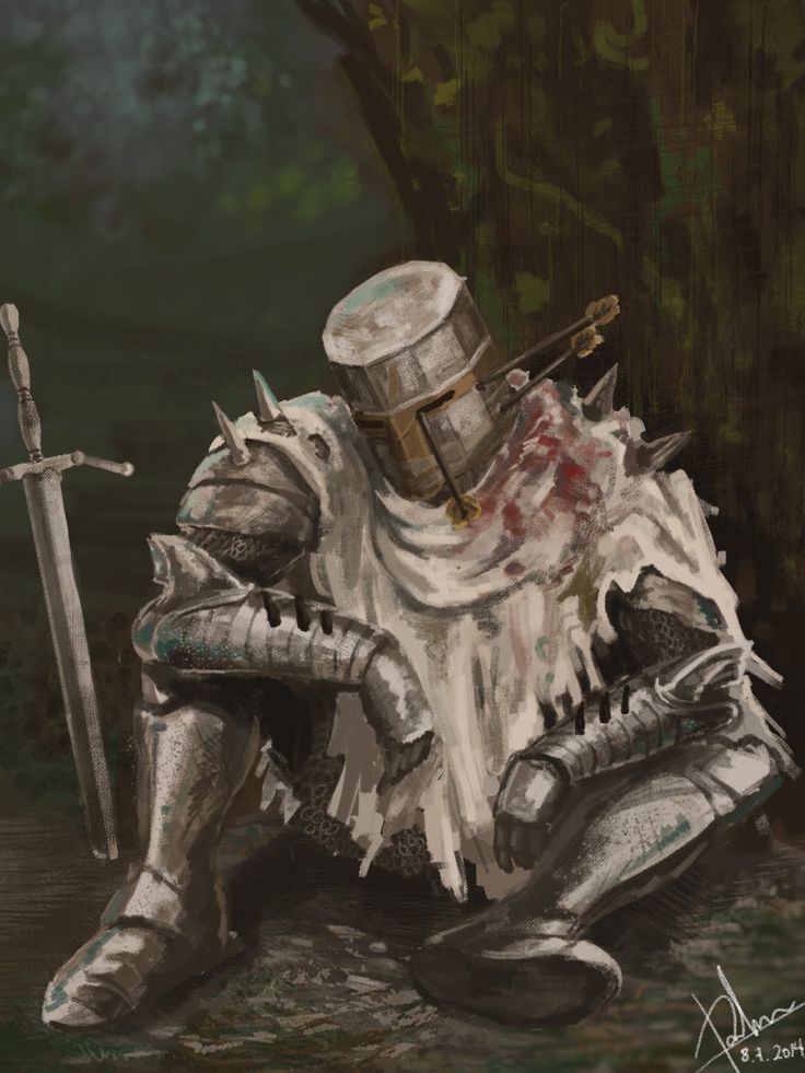 a painting of a knight kneeling on the ground