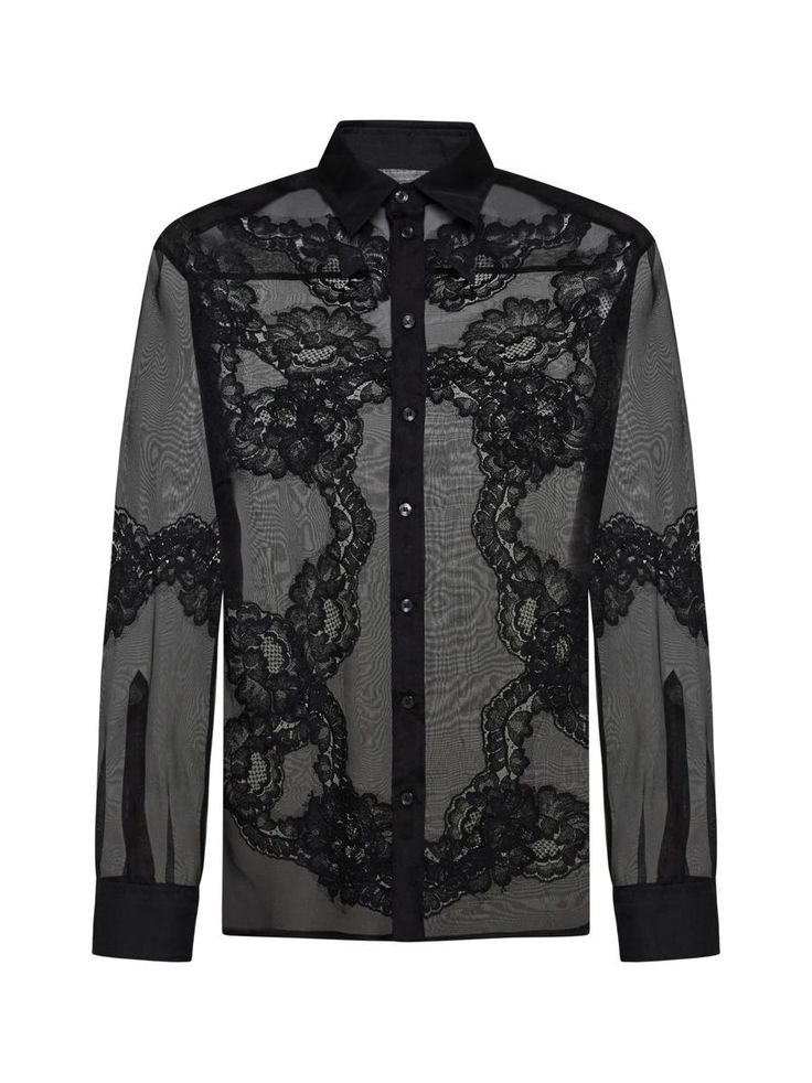 Dolce & Gabbana’s oversized shirt in black transparent silk organza featuring lace embellishment, pointed collar, front and cuff buttoning. Size Type: Shirt CollarGender: MenMaterial: NATURAL (VEG)->COTTON95 % SYNTHETIC->POLYAMIDE5 %Color: BlackMade in: ITProduct ID: G5LV3TGH854N0000*Import tax/duty will be calculated at checkout (If applicable) Luxury Long Sleeve Tops With Lace Trim, Luxury Long Sleeve Sheer Blouse, Luxury Sheer Blouse With Long Sleeves, Luxury Sheer Long Sleeve Blouse, Luxury Blouse With Lace Trim, Luxury Collared Blouse, Luxury Collared Tops For Evening, Designer Sheer Long Sleeve Tops, Luxury Sheer Evening Tops