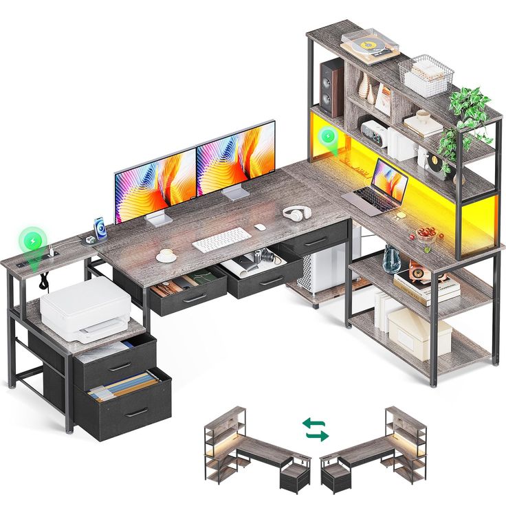 a computer desk with two monitors and keyboard on top of it, surrounded by other office furniture