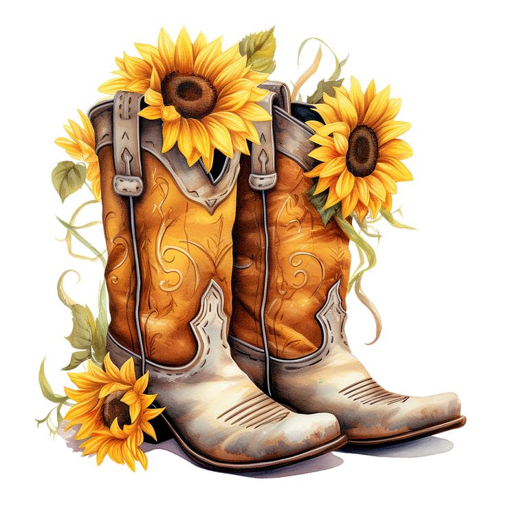 Painted Cowgirl Boots And Flowers On Wine Glass, Free Clip Art Words Boots, Floral Cowboy Boots, Cowboy Clipart, Estilo Cowgirl, Sublimation Stickers, Sunflower Watercolor, Vintage Clipart, Sunflower Clipart