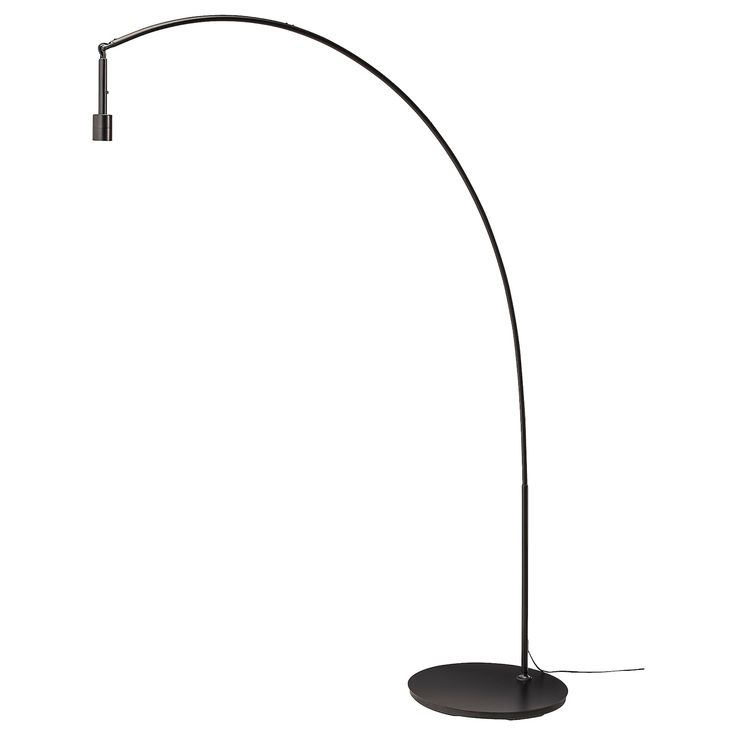 a black floor lamp on a white background with an oval base and one light in the middle