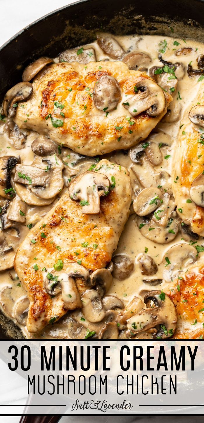 a skillet with chicken in sauce and text overlay that reads 30 minute creamy mushroom chicken Chicken Recipes With Cream, Recipes With Cream Of Mushroom, Stove Top Chicken Recipes, Sugar Foods, Stove Top Chicken, Creamy Mushroom Chicken, Easy Chicken Dinner, Chicken Dinner Recipe, Creamy Chicken Recipes