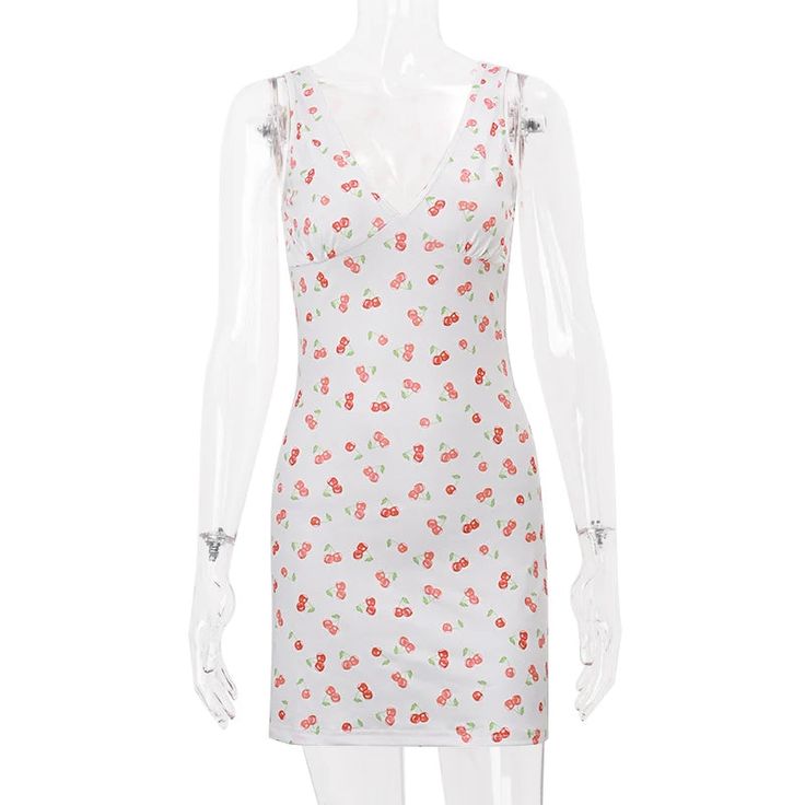 Cherry Print V-neck Mini Dress Details: Fabric Type: POLYESTER Pattern Type: Print Neckline: V-Neck Dresses Length: Above Knee, Mini Sleeve Length(cm): sleeveless Model Number: K2947K Gender: Female Age: Adult Color:White Size:S,M,L Fit: Regular White Floral Print Mini V-neck Dress, Casual White V-neck Summer Dress, Chic White V-neck Sleeveless Dress, Casual V-neck Fitted Sundress, White V-neck Mini Dress For Summer, White V-neck Sleeveless Dress For Summer, Fitted V-neck Sundress For Beach, Casual Sleeveless V-neck Dress With Floral Print, Fitted Summer Mini Dress With Notched Neckline