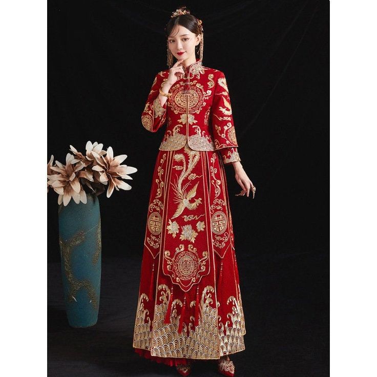 ⭐⭐ Free Shipment to Worldwide! Attention: Two options: Basic design without diamonds/ Upgrated design with Diamonds; Upgrated design: Embedded with Diamond throught whole dress pattern; 1. This Red Xiuhe Bridal Dress is Stunning and Perfect for bridals who wants to have a traditional Chinese Wedding; Made for occasions as : Chinese Traditional Wedding; 中国新娘敬酒服( Chinese bridal/ wedding toast suit ); wedding evening dress; 2. Golder Embroidery design Pattern: Phoenix, Chinese 囍 Character... Two la Red Floor-length Traditional Wear With Floral Embroidery, Red Floor-length Gown For Traditional Ceremonies, Floor-length Embroidered Wedding Dress, Traditional Red Gown For Marriage, Traditional Red Gown With Floral Embroidery, Ceremonial Dresses With Gold Embroidery For Festivals, Embroidered Floor-length Wedding Dress For Traditional Ceremonies, Festive Embroidered Wedding Dress For Traditional Ceremonies, Traditional Ao Dai With Floral Embroidery For Wedding