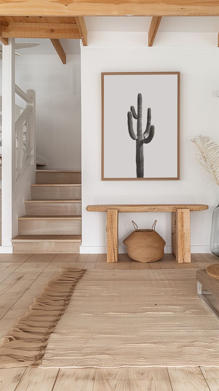 a living room with stairs and a cactus print on the wall above the table in front of it