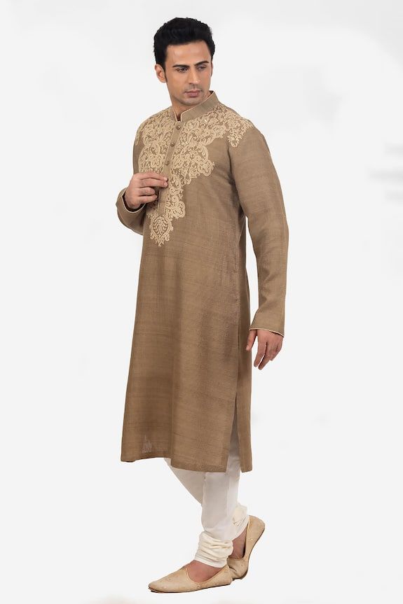 Brown dupion silk kurta with kantha hand embroidery. Comes with churidar. - Aza Fashions Silk Kurta, Male Hands, Dupion Silk, Fashion App, Churidar, Aza Fashion, Hand Embroidered, Hand Embroidery, For Men