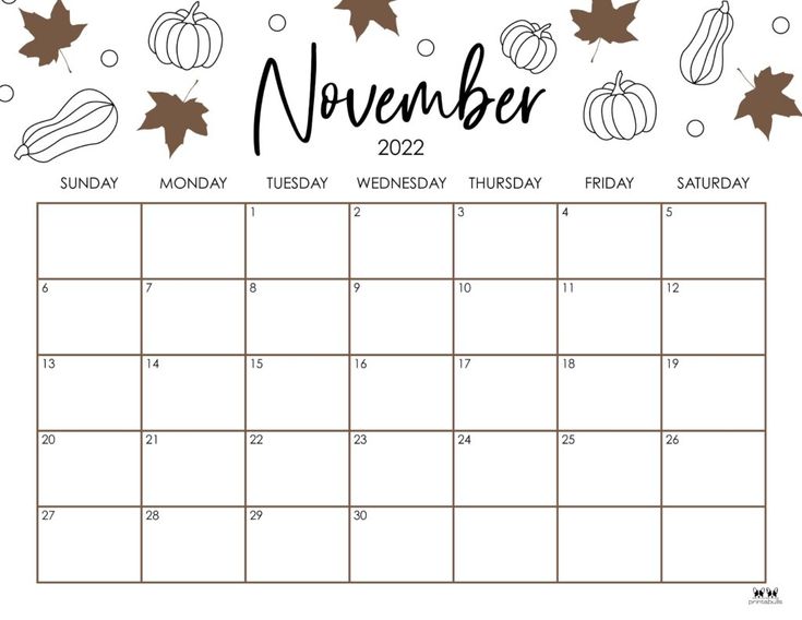 a november calendar with autumn leaves and acorns on the side, in black and white