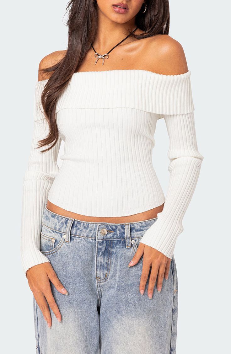 EDIKTED Lauren Foldover Off the Shoulder Rib Sweater | Nordstrom Chic Sweaters, Swimwear Dress, Ribbed Sweater, Fold Over, Long Sleeve Knit, Set Dress, Long Sleeve Sweater, Sweater Outfits, Knit Top