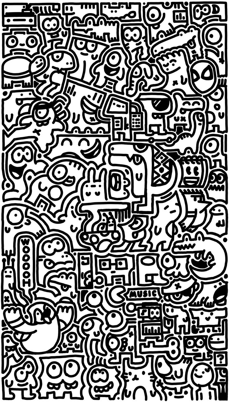 an abstract black and white drawing with many different shapes on it, including letters in the middle