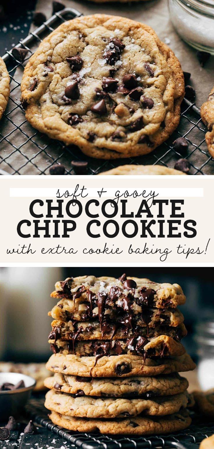 chocolate chip cookies stacked on top of each other with text overlay that reads, soft and creamy chocolate chip cookies with extra cookie