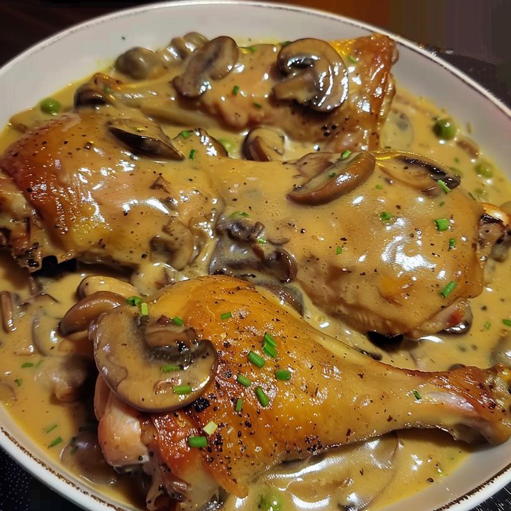 a white plate topped with chicken covered in mushroom gravy