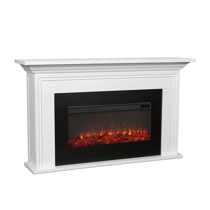 an electric fireplace with red flames on the side and white surrounds, against a white background