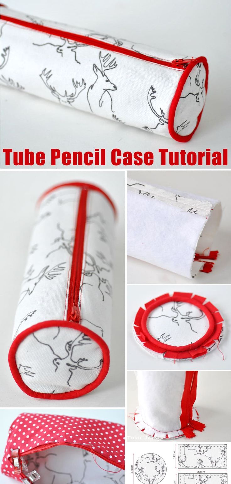 the instructions for how to sew a pencil case with red piping on it