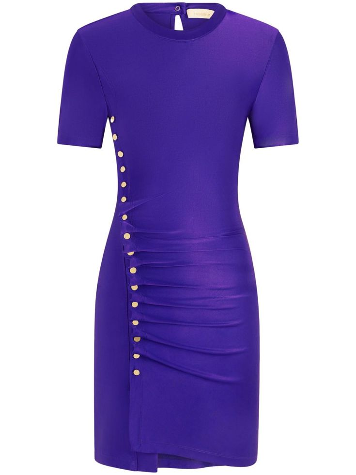 purple viscose blend stretch-silk draped design short sleeves above-knee length Elegant Purple Stretch Bodycon Dress, Bodycon Short Sleeve Mini Dress, Fitted Short Sleeve Midi Dress In Elastane, Short Sleeve Elastane Bodycon Dress For Party, Stretch Short Sleeve Bodycon Evening Dress, Evening Stretch Bodycon Dress With Short Sleeves, Short Sleeve Elastane Midi Dress For Party, Fitted Short Sleeve Elastane Mini Dress, Summer Formal Purple Bodycon Dress