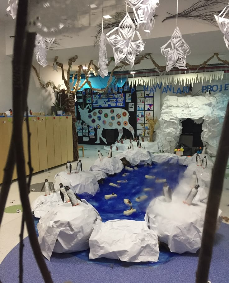 an indoor play area with paper machs and snow