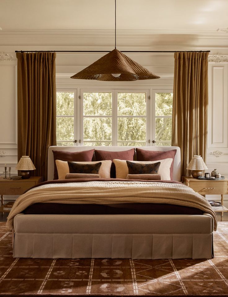 a large bed sitting under a window next to a lamp in a room with brown curtains