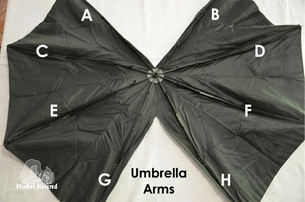 an upside down umbrella is shown with the letters underneath it and below it are four parts labeled