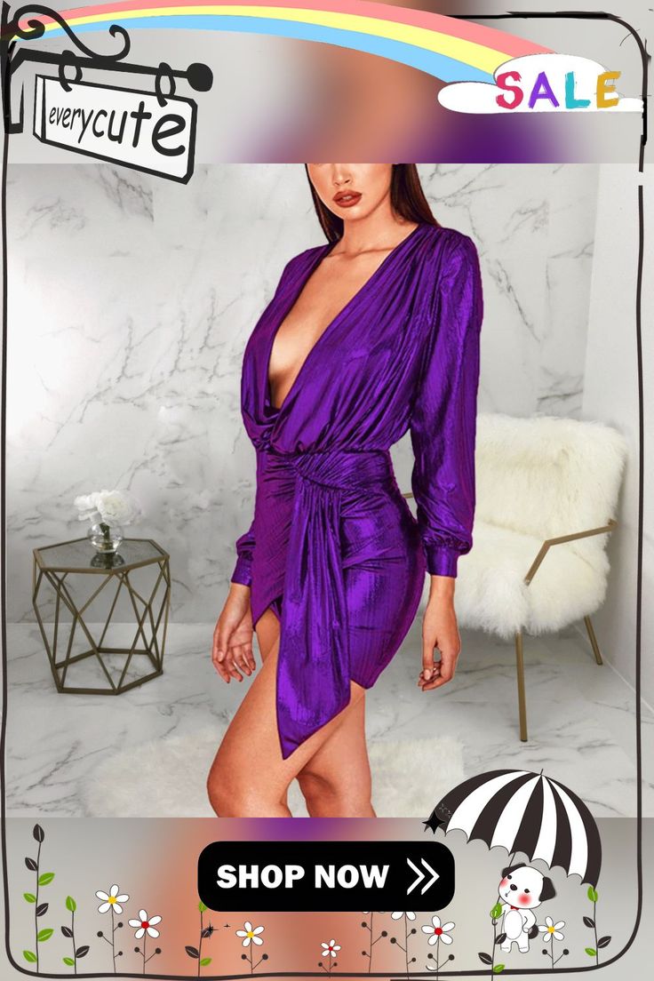 Sexy Fashion Slim Fit V-neck Dress Fitted Purple V-neck Dress For Party, Elegant Purple V-neck Dress For Party, Fall Purple V-neck Dress, Fitted V-neck Dressy Mini Dress, Chic V-neck Mini Dress For Evening, Flirty V-neck Dress For Party Season, Dressy V-neck Bodycon Dress For Party Season, V-neck Dressy Bodycon Dress For Party Season, Glamorous V-neck Bodycon Midi Dress