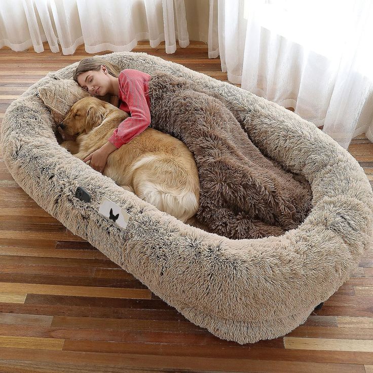 a girl and her dog cuddle in their pet bed on the floor next to each other