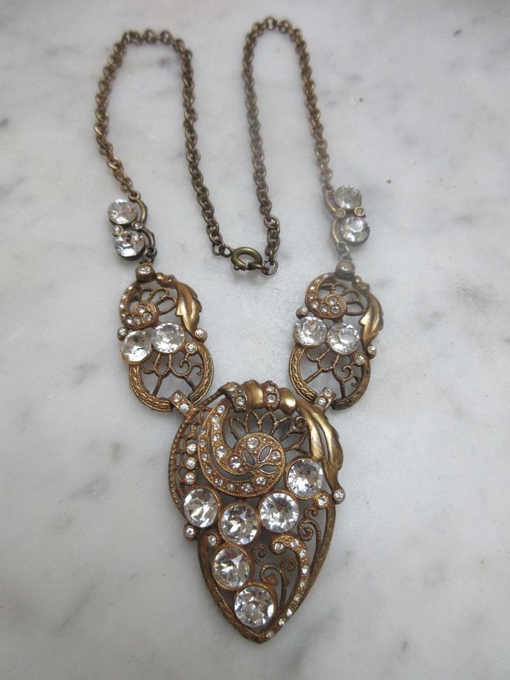 Vintage 30s 40s Paste Necklace , Art Deco Era Vintage Gothic Jewelry, Necklace Art Deco, Necklace Art, Vintage Gothic, Clear Stone, Art Deco Era, Gold Tone Necklace, Gothic Jewelry, Pendant Necklaces