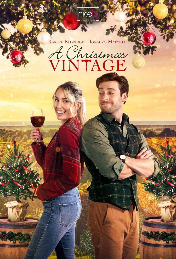 a christmas vintage movie poster with a man and woman holding wine glasses in their hands