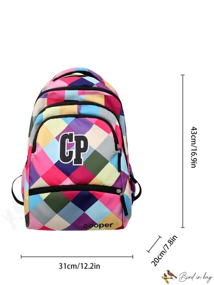 BirdinBag - Versatile Color-Block Letter Graphic Backpack for Students, Ideal for School, Outdoors, and Travel Multicolor Shoulder Bag With Zipper For School, Multicolor Zipper Closure Shoulder Bag For School, Multicolor Shoulder Bag For School, Multicolor Student Bags, Multicolor Laptop Bags For Back To School, Trendy Multicolor Backpack For Students, Multicolor School Bag With Letter Print, Multicolor Rectangular Backpack, Multicolor Large Capacity Bags For School