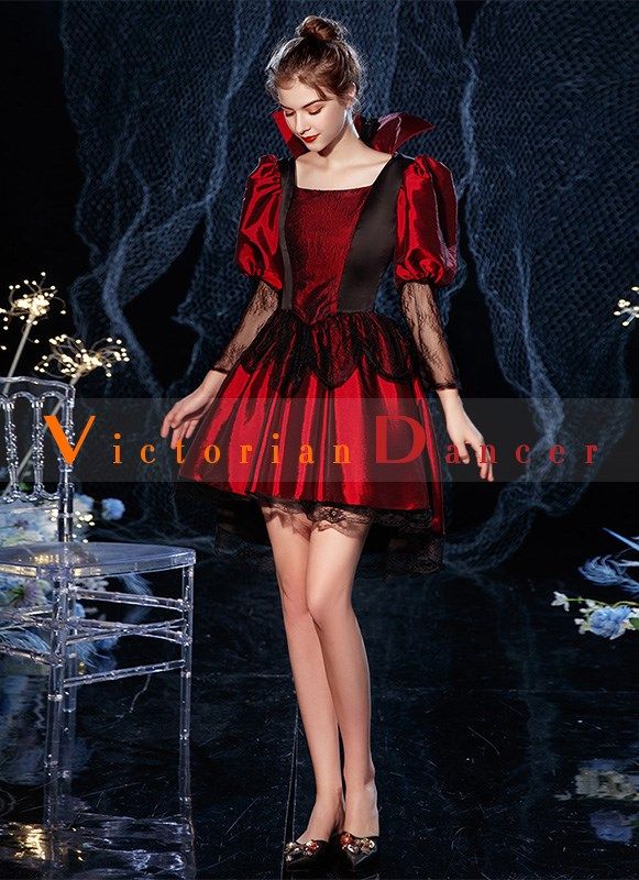 Wine Red Women Rococo Short Victorian Dress Halloween Costume Theatre Clothing   Condition: Brand New  Color: amp;nbsp; As Picture  Material: Satins And Lace  Silhouette: Ball Gown  Sleeve Length: Short Sleeve  Dresses Length:Above Knee, Mini  Neckline: STAND  Decoration: Lace  Style: Vintage   Includes: Dress    amp;nbsp; Long Sleeve Corset Dress For Halloween Costume, Long Sleeve Corset Dress For Halloween, Long Sleeve Corset Dress For Halloween Cosplay, Red Dresses For Halloween Fancy Dress, Red Dress For Halloween Cosplay, Witchy Corset Dress For Halloween Costume, Red Vampire Dress For Costume Party, Red Vampire Style Dress For Costume Party, Red Gothic Dress For Fancy Dress Occasions