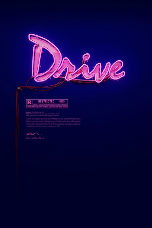 a neon sign with the word drive on it's side in pink and blue