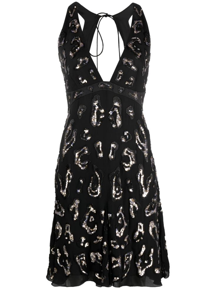 sequin-embellished open-back dress from ROBERTO CAVALLI featuring black, silk, sequin embellishment, plunging V-neck, sleeveless, rear tie fastening, open back, above-knee length, flared skirt and straight hem. Roberto Cavalli Dress, Cavalli Dress, Skirt Straight, Sequin Embellishment, Wardrobe Edit, Open Back Dresses, Exclusive Fashion, Flared Skirt, Knee Length Skirt