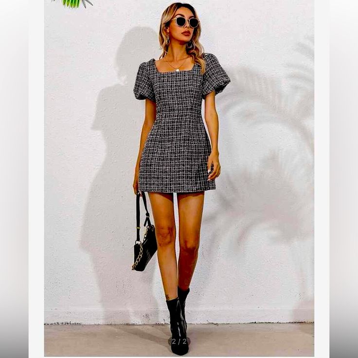 Puff Sleeve Tweed Dress Shein Dress, Shein Dresses, Birthday Dress, Tweed Dress, Birthday Dresses, Puff Sleeve, New Dress, Women's Fashion, Plaid