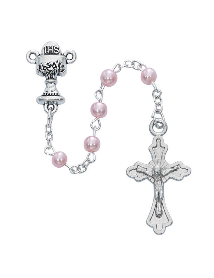 Description: An amazing way of showing that our faith with Jesus Christ lives on through the Pink Pearl Communion Rosary. This stunning rosary will be a perfect representation of our faith and will definitely catch everyone's heart. This charming inspirational catholic item will be perfect to carry around with you to pray on the go to protect and guide you for the years to come. Item No.: MV-P212CB Features: The rosary features 4mm pink pearl beads with a silver ox crucifix and chalice center. T Praying Rosary, Spiritual Rosary Bracelet With Cross For First Communion, Spiritual Cross Rosary For Confirmation, Spiritual Rosary With Crucifix For First Communion, Spiritual Rosary For First Communion, Rosary Bracelet With Miraculous Medal For First Communion, Spiritual Crucifix Rosary For First Communion, First Communion Spiritual Rosary With Crucifix, Affordable Pink Rosary Gift