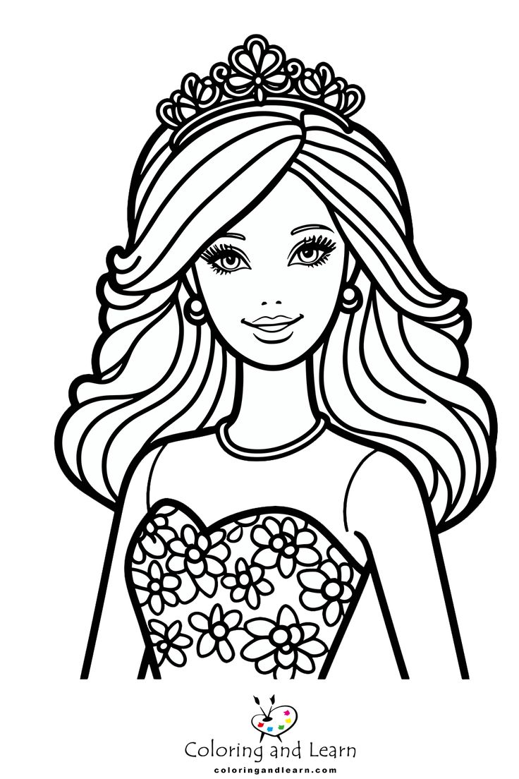 a coloring page with a girl wearing a tiara and holding flowers in her hand