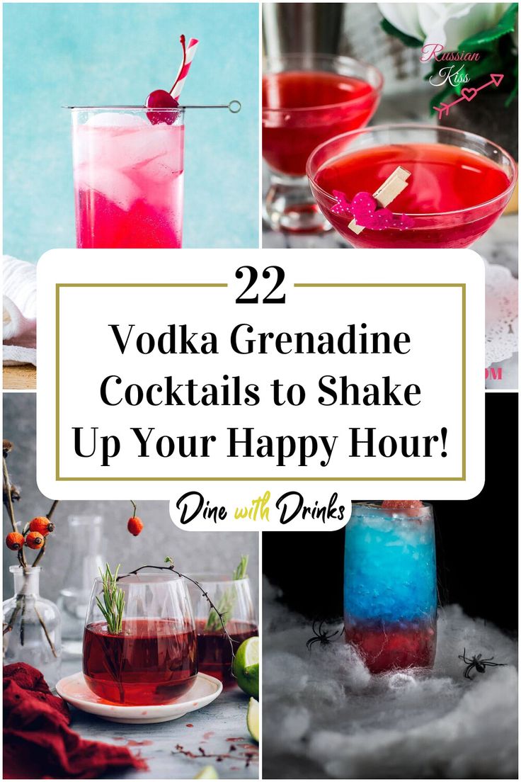 Collage of 4 vodka grenadine cocktails. Vodka Mixed Drinks Recipes, Drinks With Grenadine, Grenadine Recipe, Cocktail Shaker Recipes, Toffee Vodka, Grenadine Cocktail, Signature Cocktail Drinks, Cocktails Made With Vodka, Vodka Mixed Drinks