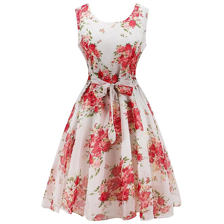 Women High Waist Flower Dress - White - 2T06102614 - Women's Clothing, Dresses, Print Dresses  #PrintDresses #Women's #Clothing # #Dresses # #Print #Dresses White Sleeveless Chiffon Dress, Pink Sleeveless Floral Dress For Wedding, White Chiffon Sleeveless Sundress, Pink Sleeveless Chiffon Floral Dress, White Sleeveless Floral Dress For Garden Party, Red Sleeveless Dress For Spring Wedding, Red Sleeveless Spring Wedding Dress, Fitted Sleeveless Floral Wedding Dress, White Floral Print Sleeveless Dress For Garden Party