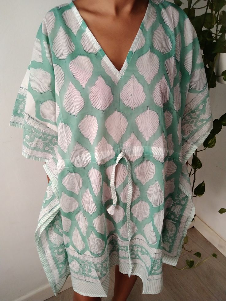 Cotton kaftan Bohemian Green Tunic Kimono, Bohemian Block Print Kimono For Summer, Bohemian Block Print Summer Kimono, Bohemian Loose Summer Dresses, Summer Block Print Kimono With Kimono Sleeves, Summer Bohemian Loose Dress, Green Bohemian Tunic Kaftan, Bohemian Green Kaftan With Kimono Sleeves, Bohemian V-neck Kaftan For Beach Cover-up