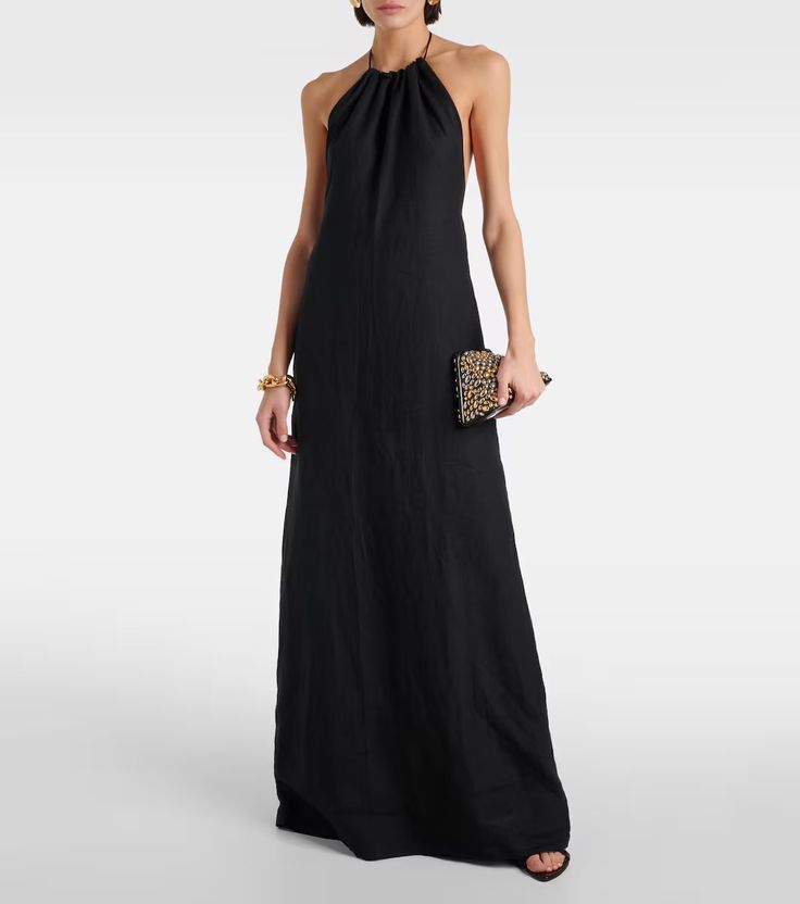 Lelia halterneck linen maxi dress in black - Nili Lotan | Mytheresa Elegant Floor-length Halter Dress For Vacation, Chic Linen Halter Neck Dress, Elegant Linen Maxi Dress, Elegant Linen Maxi Dress For Beach, Chic Halter Neck Linen Maxi Dress, Linen Chic Maxi Dress, Chic Linen Maxi Dress, Evening Linen Maxi Dresses, Sleeveless Linen Maxi Dress For Evening