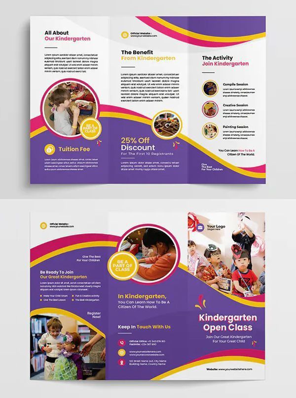 a purple and yellow brochure is shown with two different pictures on it, one has