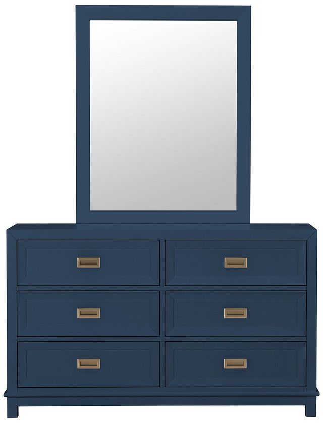 a blue dresser with a mirror on top and drawers below it, in front of a white background