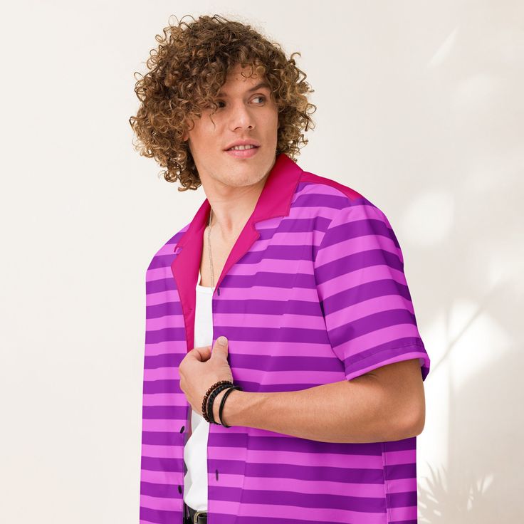 This stylish unisex purple dress shirt with pink stripes is the perfect addition to your wardrobe! The vibrant combination of purple and pink creates a fun and eye-catching design. Whether you're heading to a casual outing with friends or a day at the office, this shirt will keep you looking fashionable and trendy. See more striped clothing The shirt features a short sleeve design, making it ideal for warmer weather or for layering under a jacket or cardigan. Not only does this shirt look great, Pink Short Sleeve Top With Striped Collar, Purple Collared Shirt For Spring, Spring Purple Collared Shirt, Collared Purple Shirt For Spring, Spring Collared Purple Shirt, Pink Collared Top With Striped Collar, Summer Purple Button-up Shirt, Purple Button-up Shirt For Summer, Pink Cotton Shirt With Striped Collar