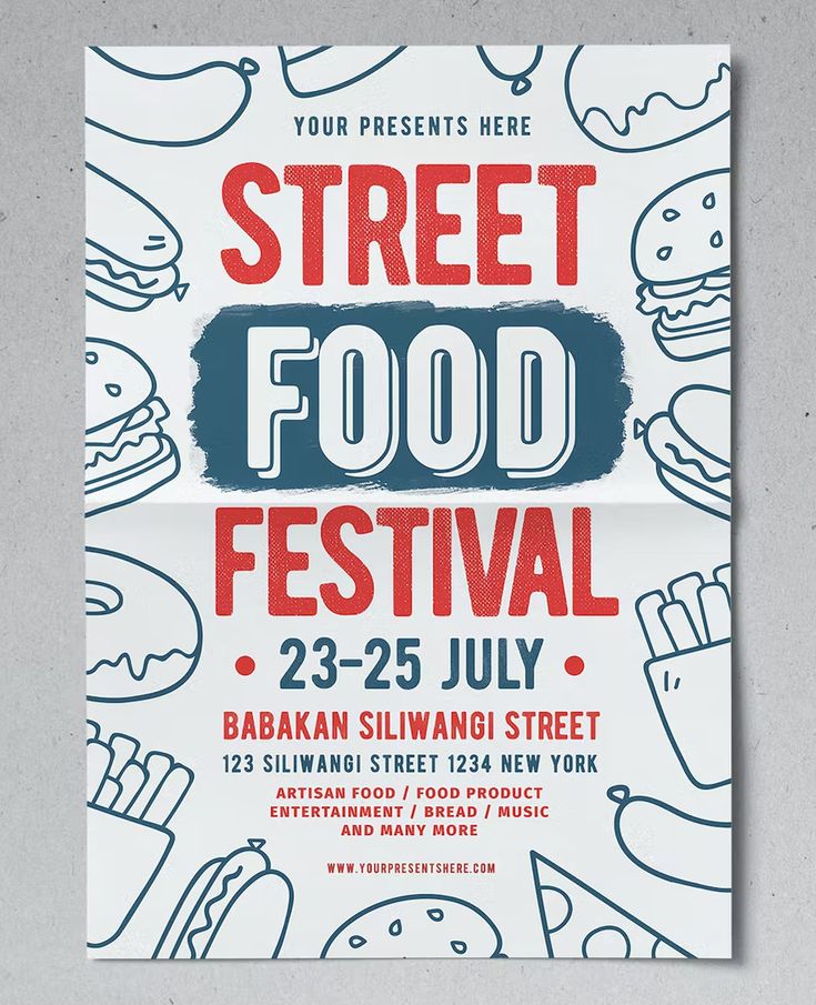 an advertisement for street food festival with hand drawn doodles on the front and back