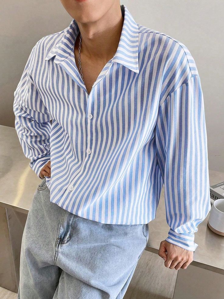 Men's Plus Size Striped Print Casual Long Sleeve Shirt Blue and White Casual  Long Sleeve Woven Fabric Striped Shirt Non-Stretch  Men Plus Size Clothing, size features are:Bust: ,Length: ,Sleeve Length: Blue Striped Shirt Outfit Men Casual, Blue Striped Shirt Outfit Men, Blue White Striped Shirt Outfit, Blue And White Striped Shirt Outfit, Striped Shirt Outfit Men, Blue Shirt Outfit Men, Oxford Shirt Outfit, Blue Striped Shirt Outfit, Long Shirt Men